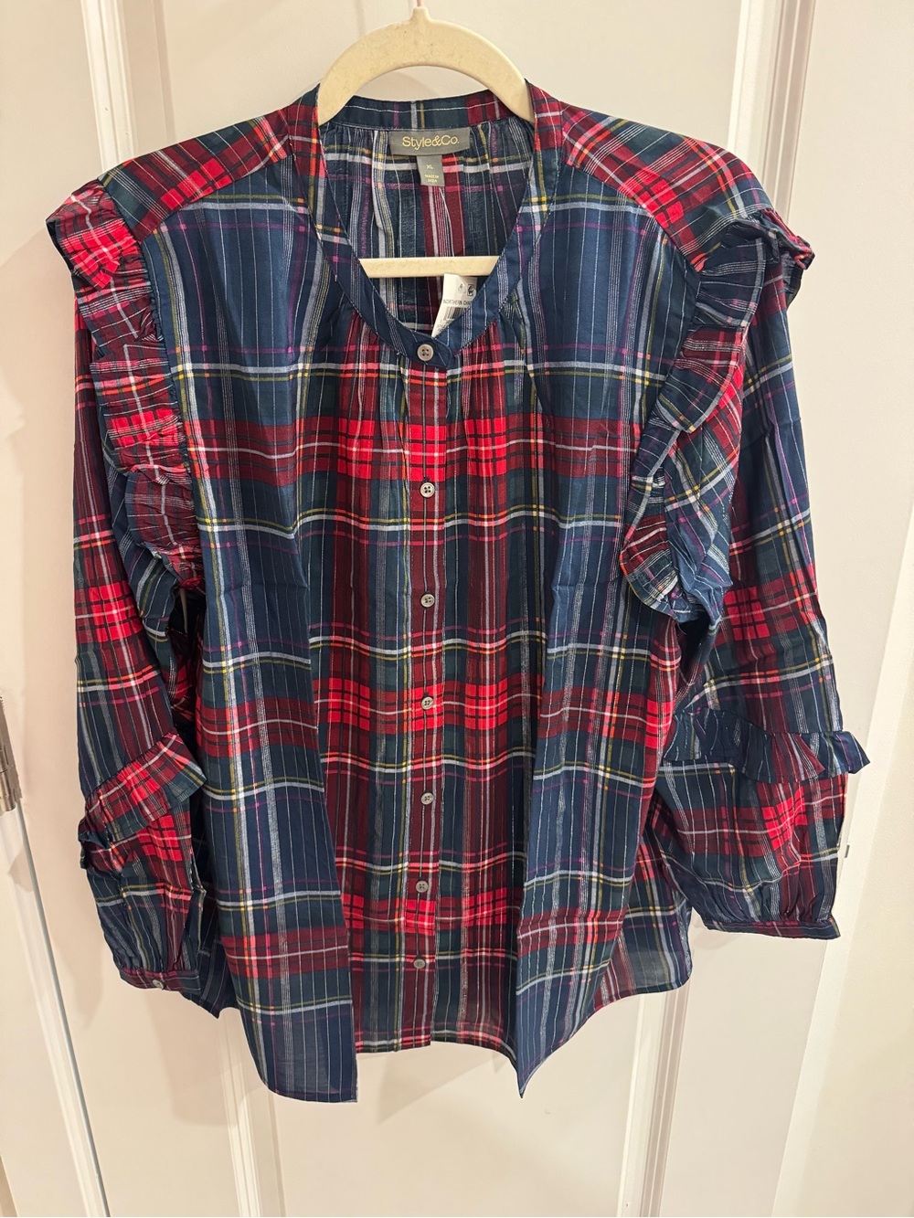 NWT Style & Co Northern Charm Plaid Ruffle Sleeve Blouse XL